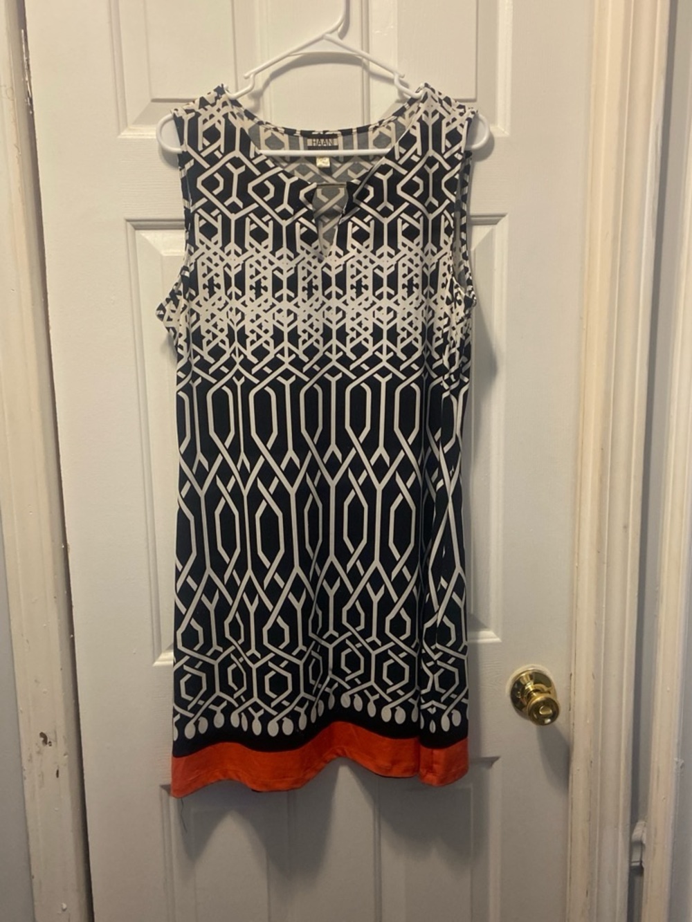 Haani Black, White & Orange Sleeveless Geometric Shift Dress